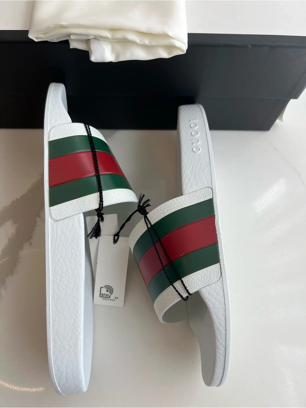 Gucci White Slides with Green & Red Stripes - Luxury Designer Style